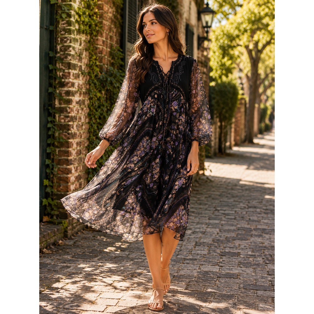 KLD Signature Paisley Floral Chiffon Boho Dress Black Large Lace Up Peasant